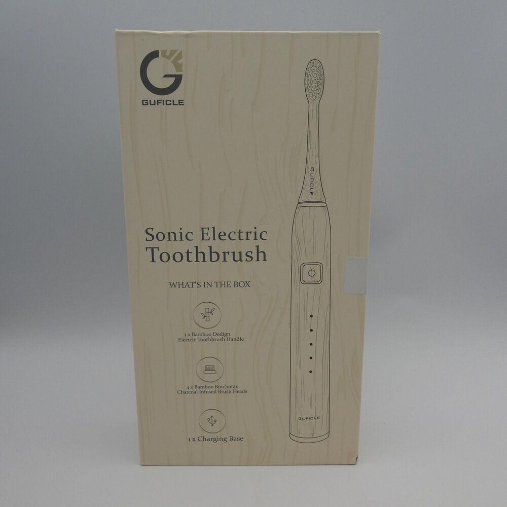 Guficle Sonic Electric Toothbrush Bamboo Design New Open Box 4 Brush Heads